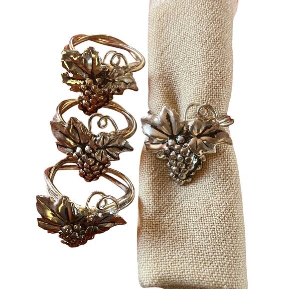 Vintage silver metal grape cluster leaf napkin rings vineyard Fall table decor - Picture 1 of 8